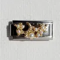 Maglia per bracciale italiano con luna, stella dorata e perle bianche in acciaio - Perla Luna Stella Argento