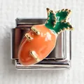 Macro detail of Italian charm link featuring orange and green enamel carrot on steel - Carrot