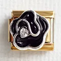 Detailed macro view of a gold Italian charm link featuring a black enamel rose and zircon - Black Flower 1 (Black Rose)