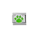 Macro detail of 304 stainless steel Italian charm link with green enamel dog paw print - Green Paw Print Style (00008-7)