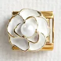 Italian charm bracelet link with golden finish featuring a white camellia and pearl center - Pearl Flower