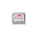 Detalle de un dije de acero inoxidable 304 con diseño de cupcake en esmalte rosa - Estilo de Cupcake Rosa (00004-11)