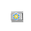Detailed view of Italian charm link with blue and yellow oil-drop flower and crystal - Blue and Yellow Bicolor Flower (000010-11)