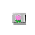 Macro shot of Italian charm link featuring a pink tulip enamel design in stainless steel - Pink Tulip (000010-25)