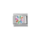 Italian charm link in stainless steel featuring a colorful enamel flower and crystal - Rainbow Enamel Flower (000010-16)