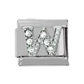 Detail eines italienischen Charm-Armbands mit Buchstabe W und Kristallbesatz aus Edelstahl - Silber W