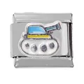 Detail of 304 stainless steel Italian charm link with a colorful enamel cartoon tank - Tank Style (000025-3)