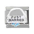 Detail of Italian charm link with Just Married text and blue enamel hearts on steel - Just Married Wedding Car Theme (000026-18)