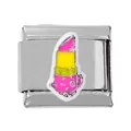 Detail of Italian charm link featuring a pink and yellow enamel lipstick design on steel - Pink Yellow Lipstick Cute Style (000026-15)
