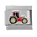 Macro shot of stainless steel modular charm featuring a red tractor with yellow wheels - Tractor Style (000025-16)