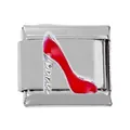 Detail of Italian charm link featuring a red high heel on polished stainless steel - Red High Heels Enamel Theme (000026-13)