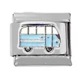 Detailed close-up of light blue vintage van Italian charm link in polished stainless steel - Blue Mini Van (000025-14)