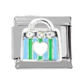 Detail of Italian charm link featuring a striped shopping bag with three small crystals - Blue Green Striped Shopping Bag (000026-12)