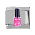 Macro detail of Italian charm link featuring pink glitter nail polish bottle pattern - Pink Nail Polish Fashion Theme (000026-9)