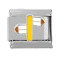 Close-up of a stainless steel Italian charm link with yellow vertical pillar and enamel detail - Directional Sign Style (000025-7)