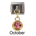 Detail of Italian modular charm with October pink birthstone in gold and silver setting - October Pink Birthstone - Gold Base