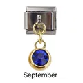 Detailed close-up of September birthstone charm for modular Italian style bracelets - September Dark Blue Birthstone - Gold Base
