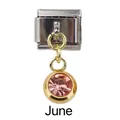 Detailed view of Italian charm with June birthstone and gold finish hanging pendant - June Light Pink Birthstone - Gold Base
