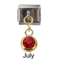 Detail of Italian modular charm for July featuring a red birthstone and golden loop - July Ruby Red Birthstone - Gold Base