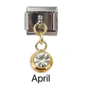 Detailed view of April birthstone Italian charm with gold pendant and clear crystal - April Clear Birthstone - Gold Base