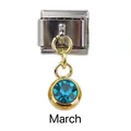 Macro view of March birthstone charm in gold and silver for Italian modular bracelets - March Blue Birthstone - Gold Base