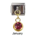 Detailed view of Italian charm link with January birthstone crystal pendant in gold frame - January Red Birthstone - Gold Base