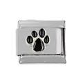 Italian charm link in 304 stainless steel featuring a black enamel puppy paw print - Black Paw Print Style (00008-8)