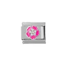 Italian charm link with pink enamel flower and white crystals in stainless steel - Pink Enamel Petals with Multi-Stone Stamen (000010-9)