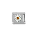 Italian charm link with white enamel daisy flower and yellow gemstone on silver base - White Daisy with Yellow Gem (000010-13)