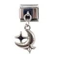 Close-up of Italian charm link featuring a carved moon and star with rhinestone - Silver Moon Star Rhinestone Style (000062-4)