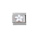 Italian charm bead featuring a white flower with crystal inlay in stainless steel - White Five Petal Flower with Center White Stone (000010-20)