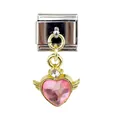 Detail showing Italian style pink heart with wings charm on a stainless steel link - Three-tone Wings Pink Heart Gemstone Style (000062-5)