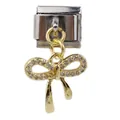 Italienisches Charm-Glied mit goldenem Schleifenanhänger und klaren Kristallen in Edelstahl - Zirkonia Pavé Schleife (000038-12)