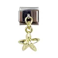 Close-up of golden starfish charm pendant on stainless steel Italian modular bracelet link - Two-tone Glossy Starfish Style (000062-7)