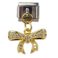 Italienischer Modul-Charm aus Edelstahl mit vergoldeter Schleife und Kristallbesatz - Goldene Vintage Schleife (000038-13)