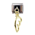Macro detail of Italian charm bracelet link with gold wing pendant on steel base - Two-tone Wing Pendant Style (000062-9)