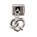 Macro view of silver heart pretzel charm on stainless steel Italian link bracelet - Silver Heart Pretzel Style (000062-16)