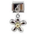 Detail showing an Italian charm with silver flower pendant and gold center for DIY jewelry - Silver Flower Gold Core Style (000062-20)