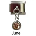Italian charm link with June birthstone in pink gemstone and stainless steel finish - June Light Pink Birthstone - Silver Base