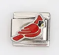 Detailed view of Italian charm link featuring a red cardinal bird with enamel finish - Cardinal Style (003-2)