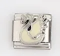 Macro detail of Italian charm bracelet link with white enamel swan and small crystal eye - Swan Style (003-3)