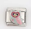 Detail of Italian charm link featuring a colorful enamel cartoon owl in stainless steel - Pink Heart Owl Style (003-4)