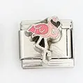 Detalle de eslabón italiano con diseño de flamenco rosa esmaltado en acero inox - Estilo Flamenco Rosa (003-6)