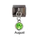 Italian charm bracelet link in stainless steel with August peridot green gemstone - August Light Green Birthstone - Silver Base