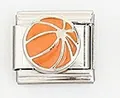 Macro detail of Italian modular charm featuring a stainless steel orange basketball link - Basketball Style (002-2)