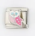 Detalle de un eslabón para pulsera italiana con un diseño de búho colorido en esmalte - Estilo Búho Rosa Claro (003-7)