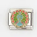 Eslabón de pulsera italiana con diseño de pavo real colorido y acabado en esmalte - Estilo Pavo Real Abriendo Plumas (003-9)
