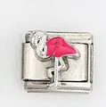 Detalle de abalorio modular italiano con flamenco rosa sobre base de acero inoxidable - Estilo Flamenco Rosa Esmaltado (003-24)