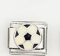 Dettaglio di un link per bracciale italiano in acciaio inox con motivo a pallone da calcio - Stile Smalto Motivo Calcio (002-23)