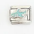 Macro detail of a stainless steel shark charm link for Italian modular bracelets - Blue Shark Style (004-6)